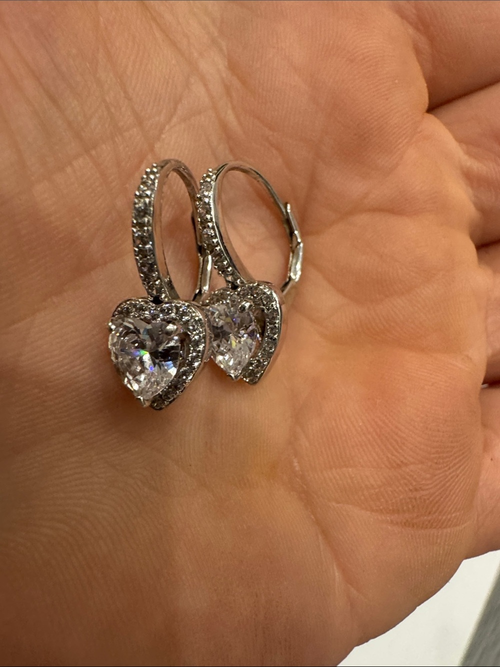 Silver Heart Halo Drop Earrings with Clear Stones